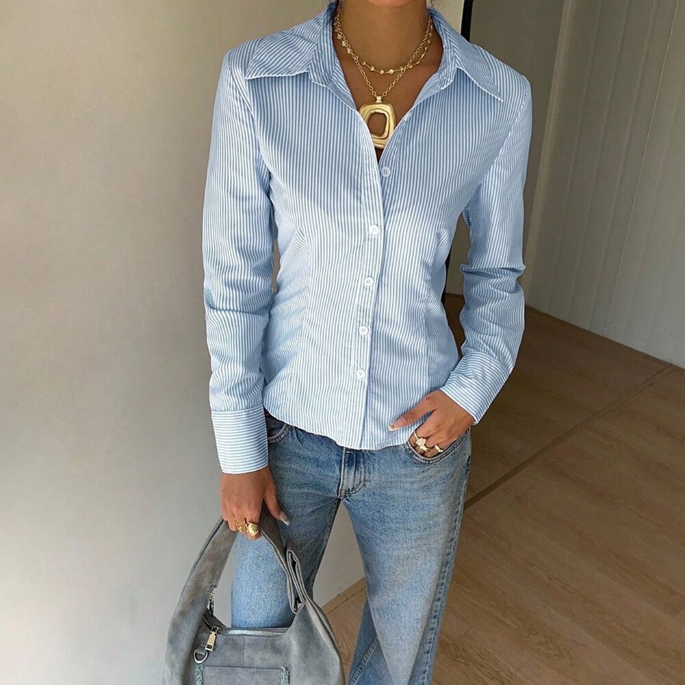 Blue Casual Women's Striped Tie-Waist Slim Fit Long Sleeve Shirt - Picture 4 of 6
